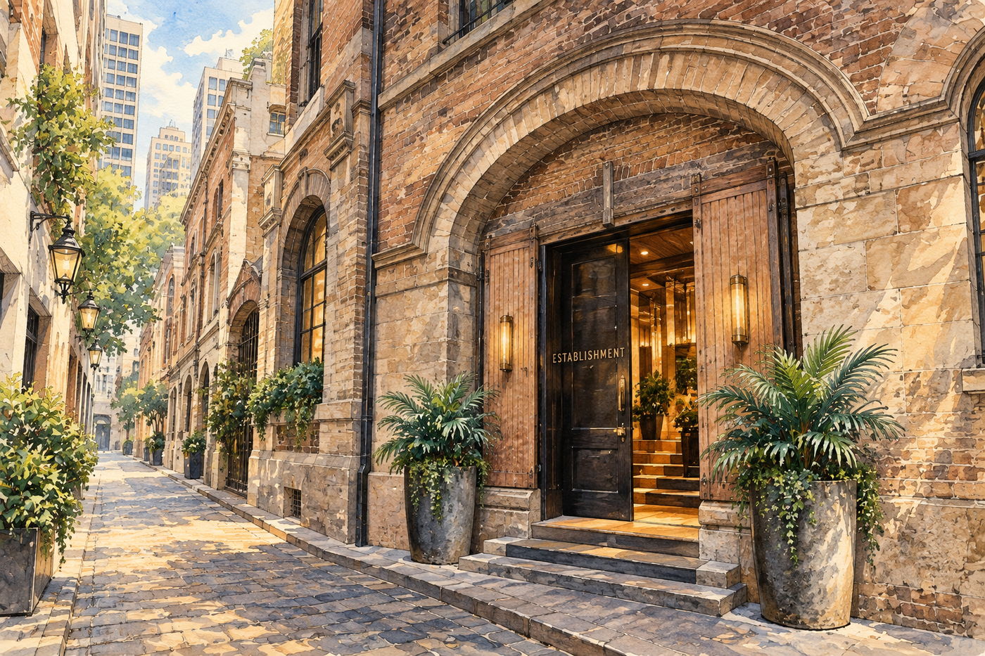The arched sandstone entrance to The Establishment Hotel on Bridge Lane, lanterns lit and the doorway glowing.