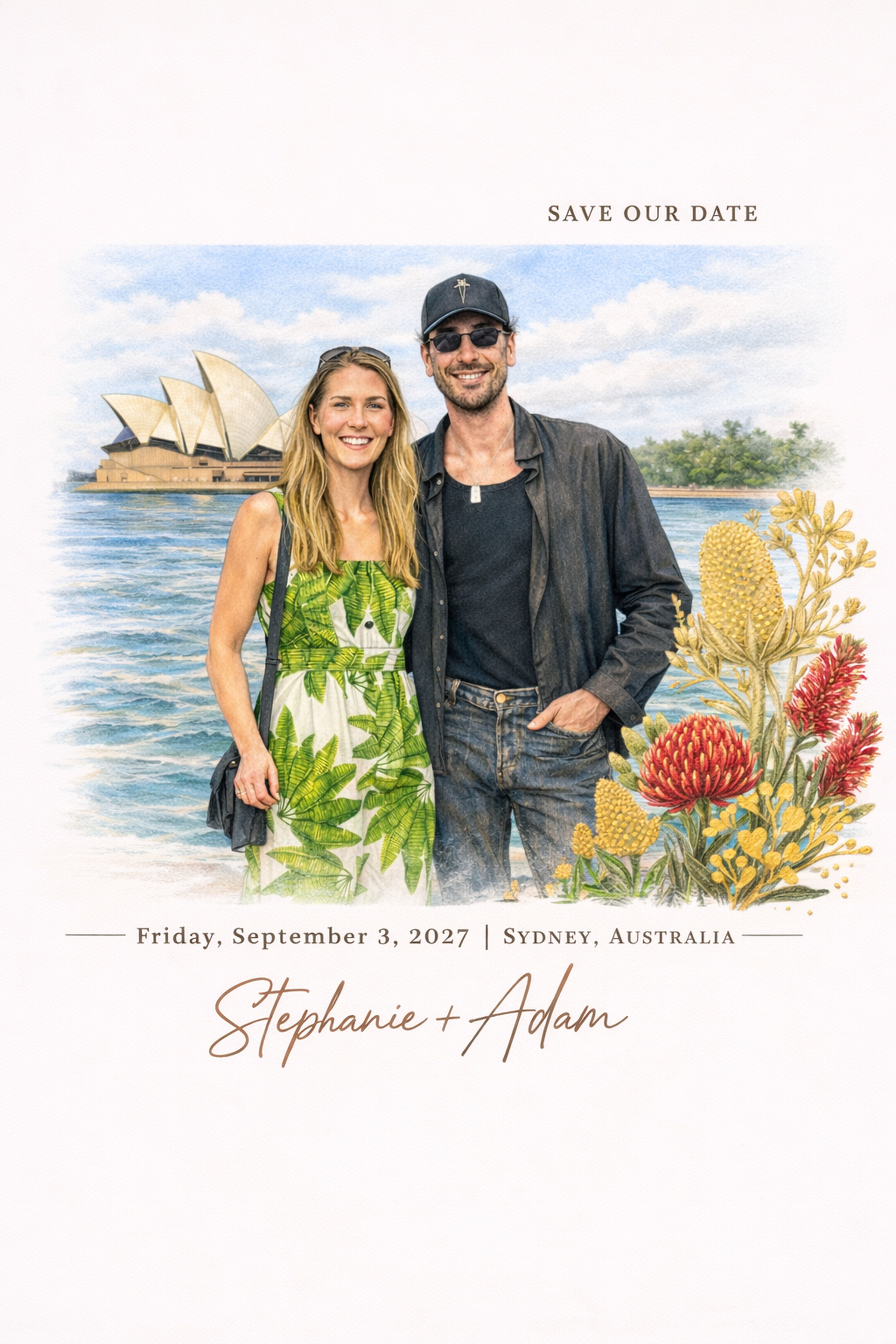 Save our date — Stephanie and Adam — Friday, September 3, 2027 — Sydney, Australia