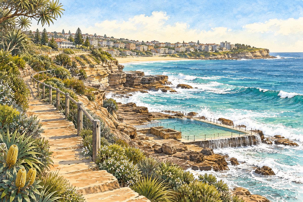 Watercolour of the Bondi to Bronte coastal walk, with sandstone cliffs and an ocean pool.
