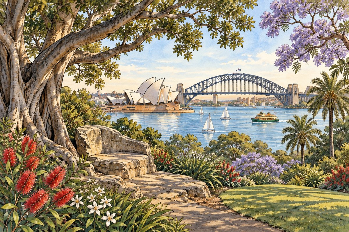 Watercolour of the Royal Botanic Garden, looking past a fig tree to the Opera House and Harbour Bridge.