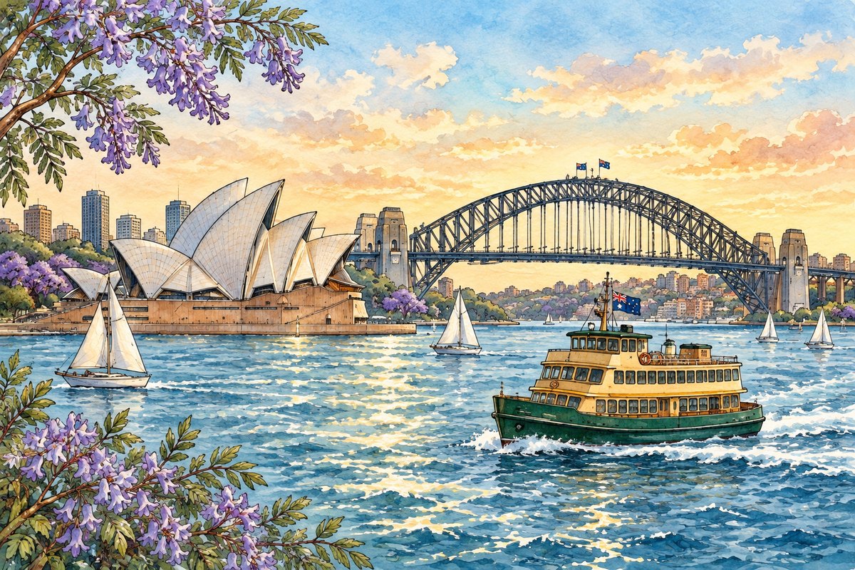 Watercolour of Sydney Harbour: a ferry passing the Opera House and Harbour Bridge, jacaranda in blossom.