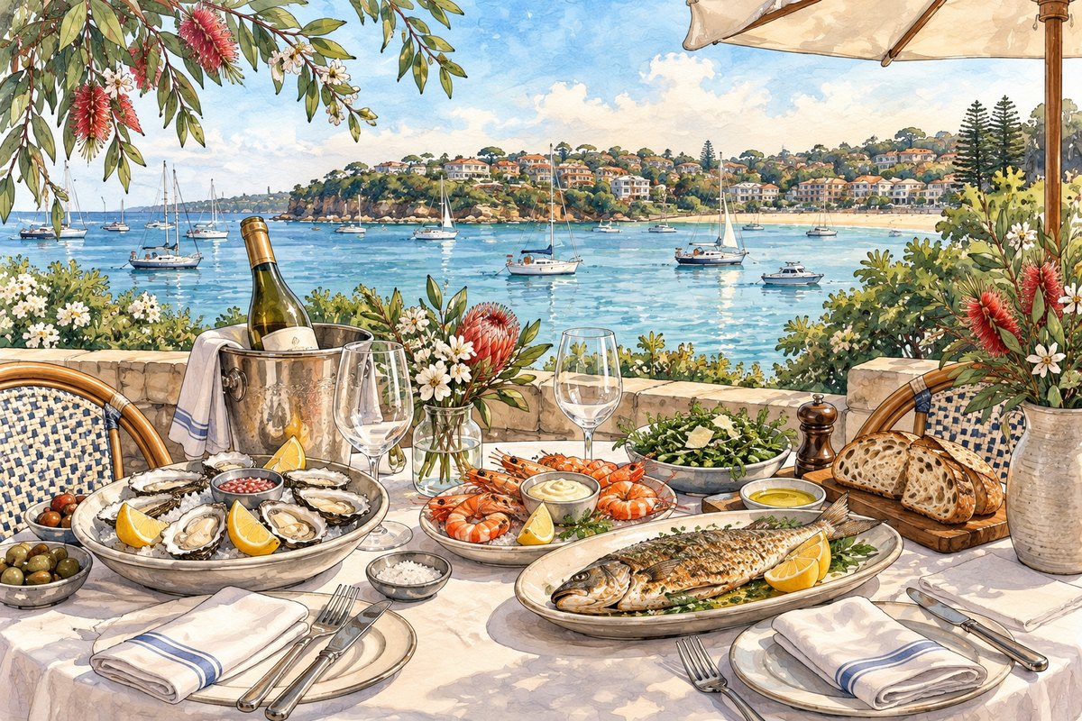 Watercolour of a long seafood lunch laid out on a terrace above a Sydney bay.